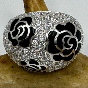 VTG RARESerling Silver Ring Black Enamel Roses with Pave Cz Diamonds Size 10